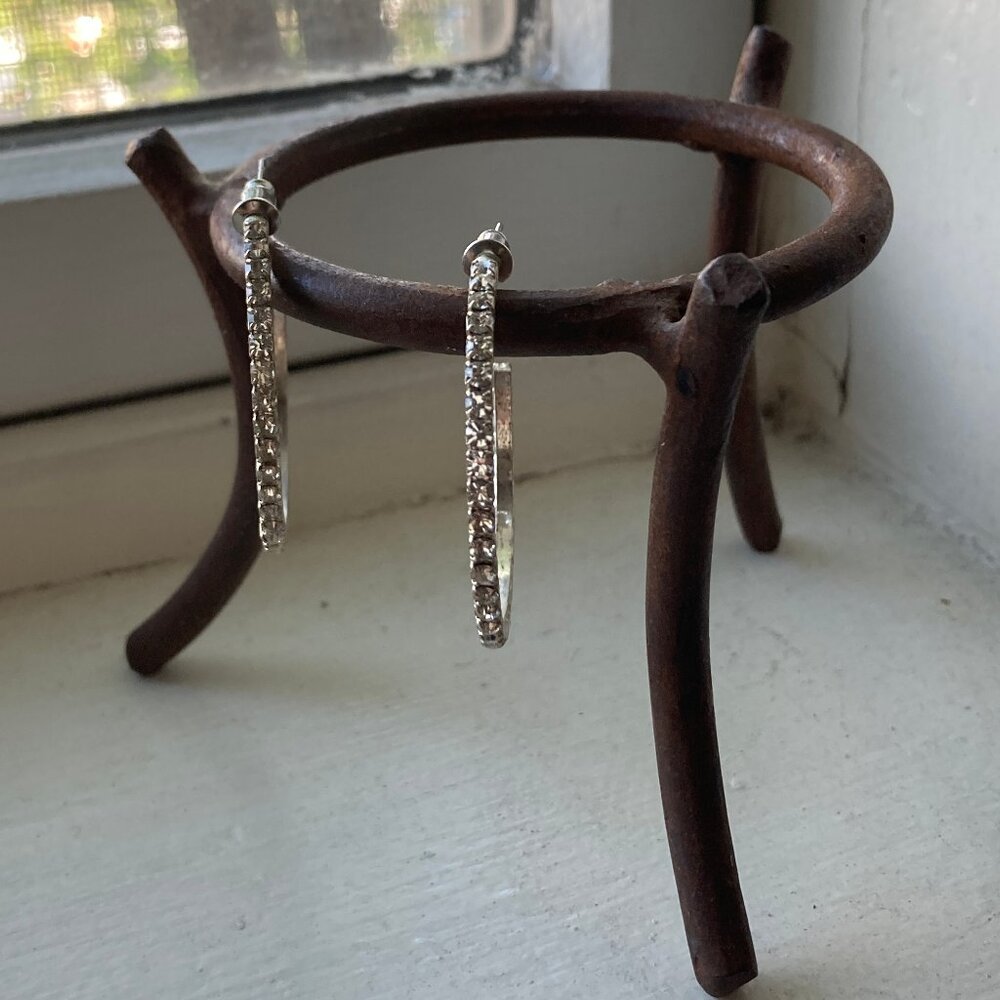 Silvertone Rhinestone Hoop Earrings - Picture 3 of 10